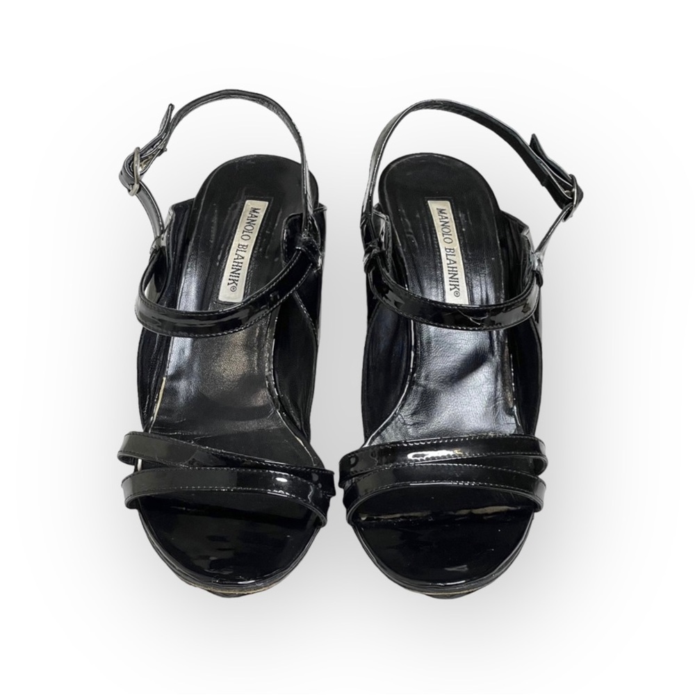Manolo Blahnik ♔ Slingback Stilettos Sandal Heels ♔ Black Patent Leather ♔ 38.5 - Picture 7 of 16